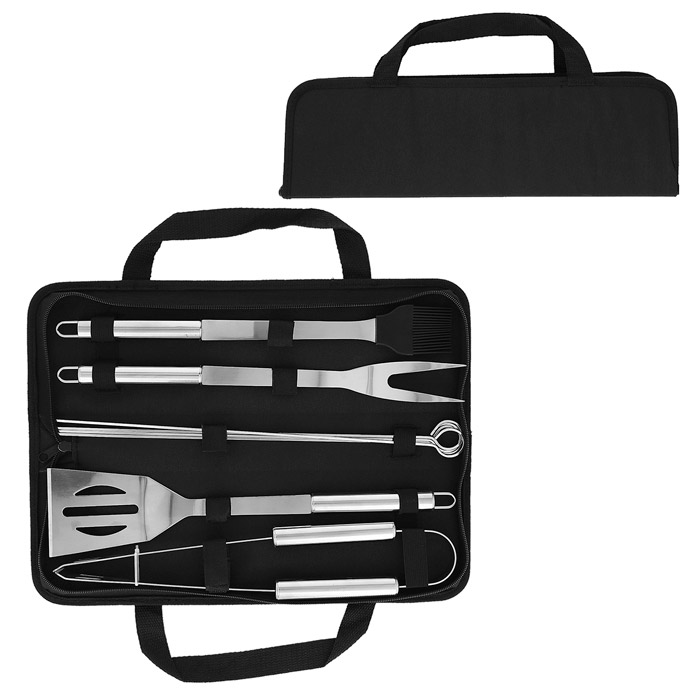 HO-012, Set de BBQ en estuche de poliéster, con 8 utensilios: pinzas, tenedor asador, 4 espadas para brochetas, brocha y volteador